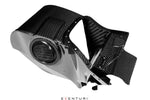 Carbon fiber air intake system with curved ducting and circular inlet opening on white background - Eventuri air intake for Honda Civic Type R