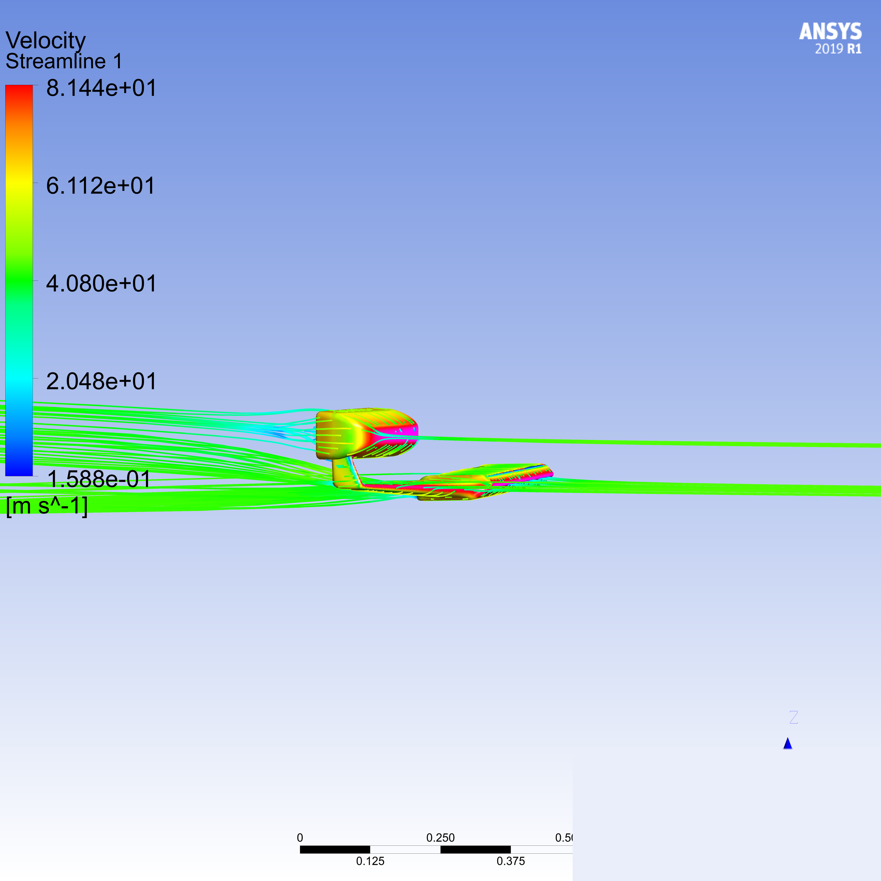 Computational fluid dynamics visualization showing airflow streamlines around aerodynamic mirror housing with velocity color mapping - APR Performance side mirror for Ford S650 Mustang Dark Horse