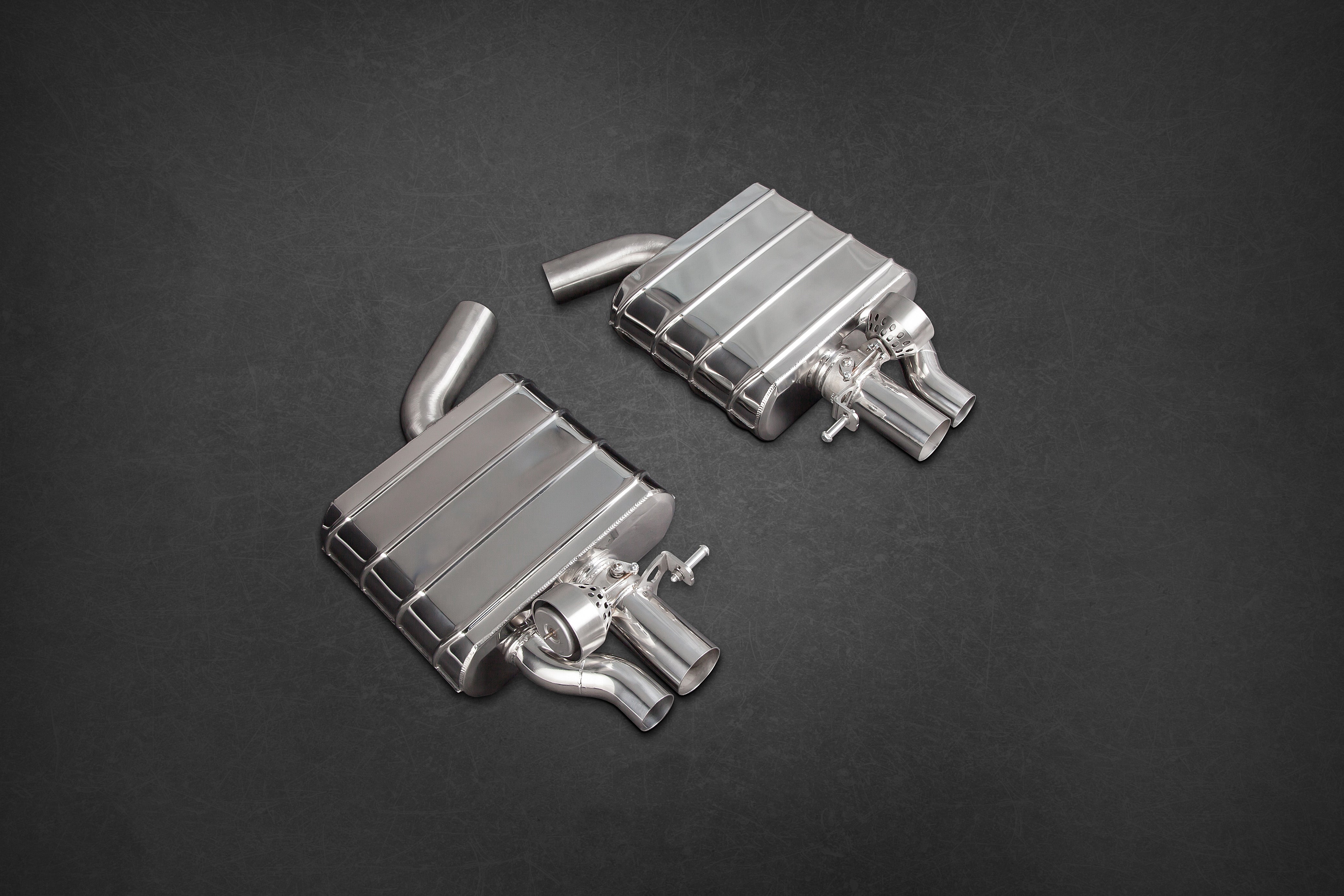 Capristo Audi RS6/RS7 C7 valved mufflers, angled view
