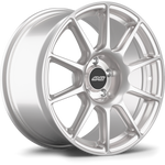 Silver alloy wheel with ten-spoke design and black center cap on white background - APEX Wheels wheel for 17x8.5 ET43 5x112 - Race Silver