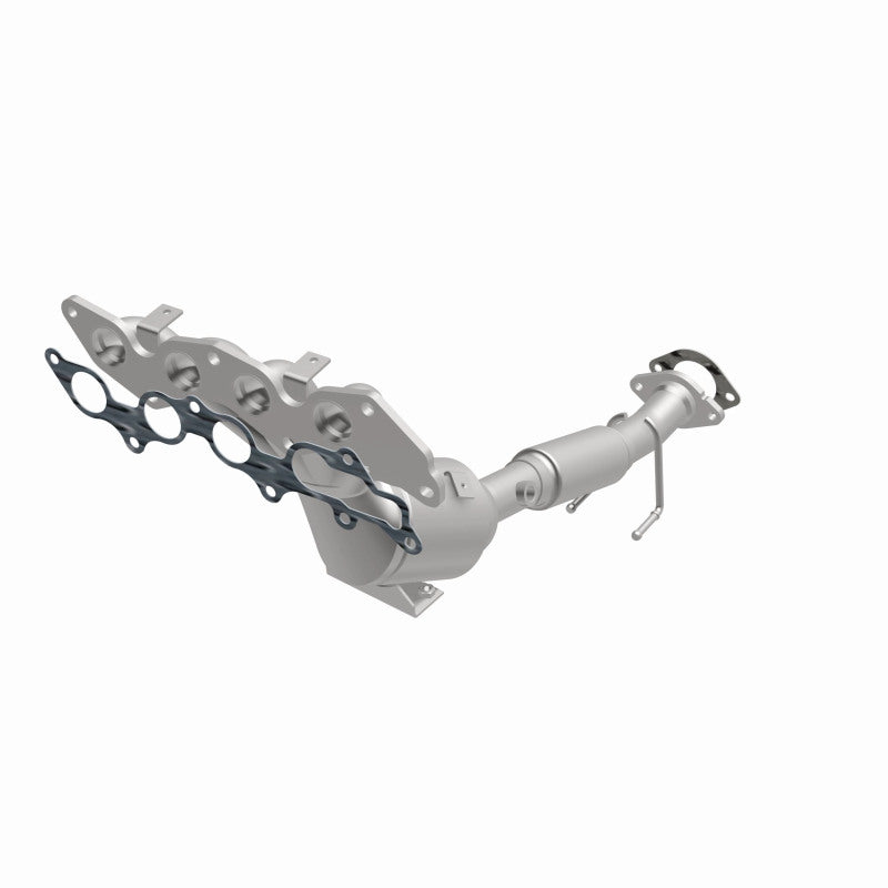 MagnaFlow 22-186 oem grade manifold converter, opposite front three-quarter view of the turntable spin