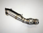 A top view of Evolution Racewerks Competition Series 4" Catless Downpipe for B46 Engine (US Spec) in Brushed Finish
