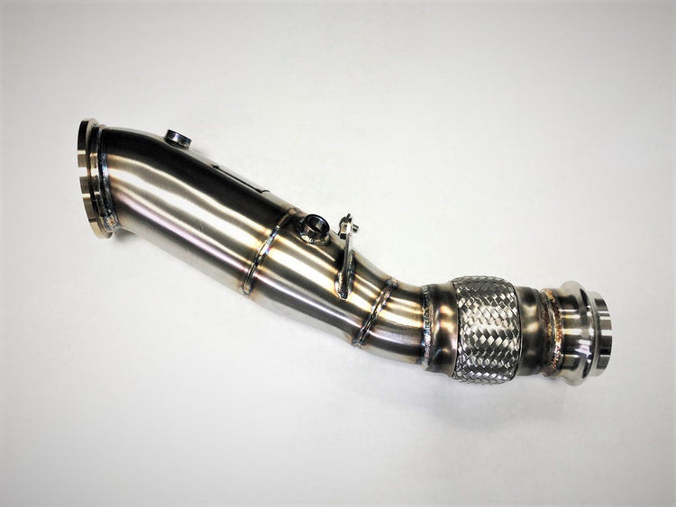 A front view of Evolution Racewerks Competition Series 4" Catless Downpipe for B46 Engine (US Spec) for Toyota 2020+ Supra in Brushed Finish