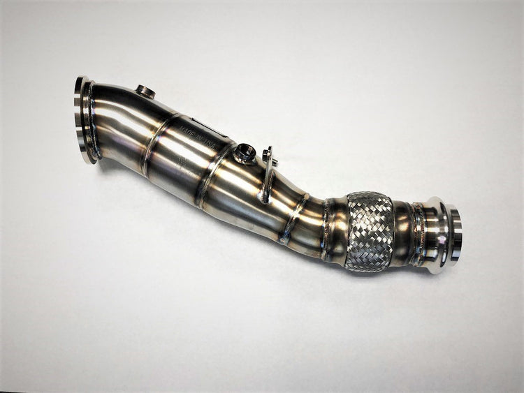 A top view of Evolution Racewerks Sports Series 4" High Flow Catted Downpipe for B46 Engine (US Spec) for Toyota 2020+ Supra in Brushed Finish