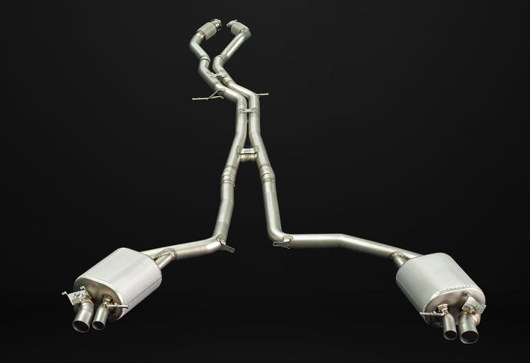 A top wide view of IPE SS Cat-Back Exhaust System for Audi RS6 and RS7 C7 2013-2019 with black background