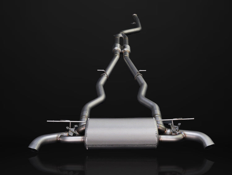 A front view of IPE SS OPF Version Cat-Back Exhaust System for BMW 840i (G14/G15/G16 - B58) 2019-2025 with black background