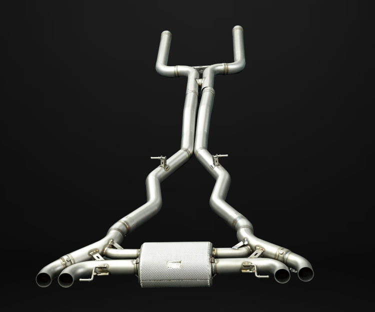 A top wide view of IPE SS Cat-Back Exhaust System for BMW M5 (F90 - S63) 2018-2020 with black background