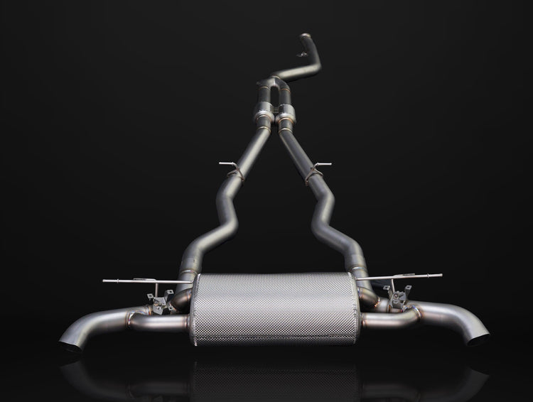 A front wide view of IPE SS Non-OPF Version Cat-Back Exhaust System for BMW M850i (G14/G15/G16 - N63) 2020-2025 with black background