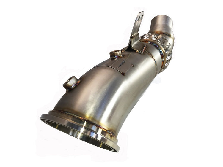 A top view of Evolution Racewerks Competition Series 4.5" Catless Downpipe B58 Engine for Toyota 2020 GR Supra (A90) in Brushed Finish