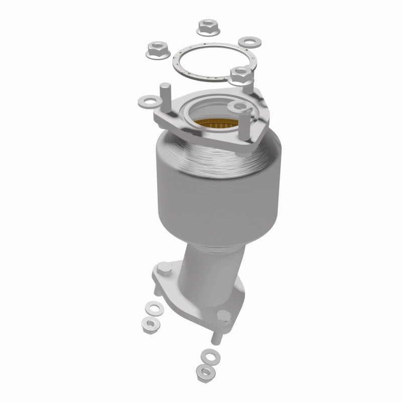 MagnaFlow 5592006 carb direct-fit catalytic converter, opposite rear three-quarter view of the turntable spin