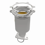MagnaFlow 4451499 carb direct-fit catalytic converter, opposite front three-quarter view of the turntable spin