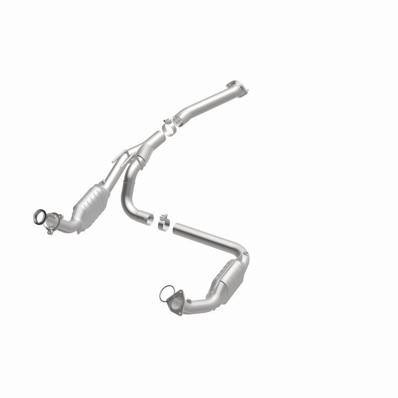MagnaFlow 4451211 carb direct-fit catalytic converter, opposite front three-quarter view of the turntable spin