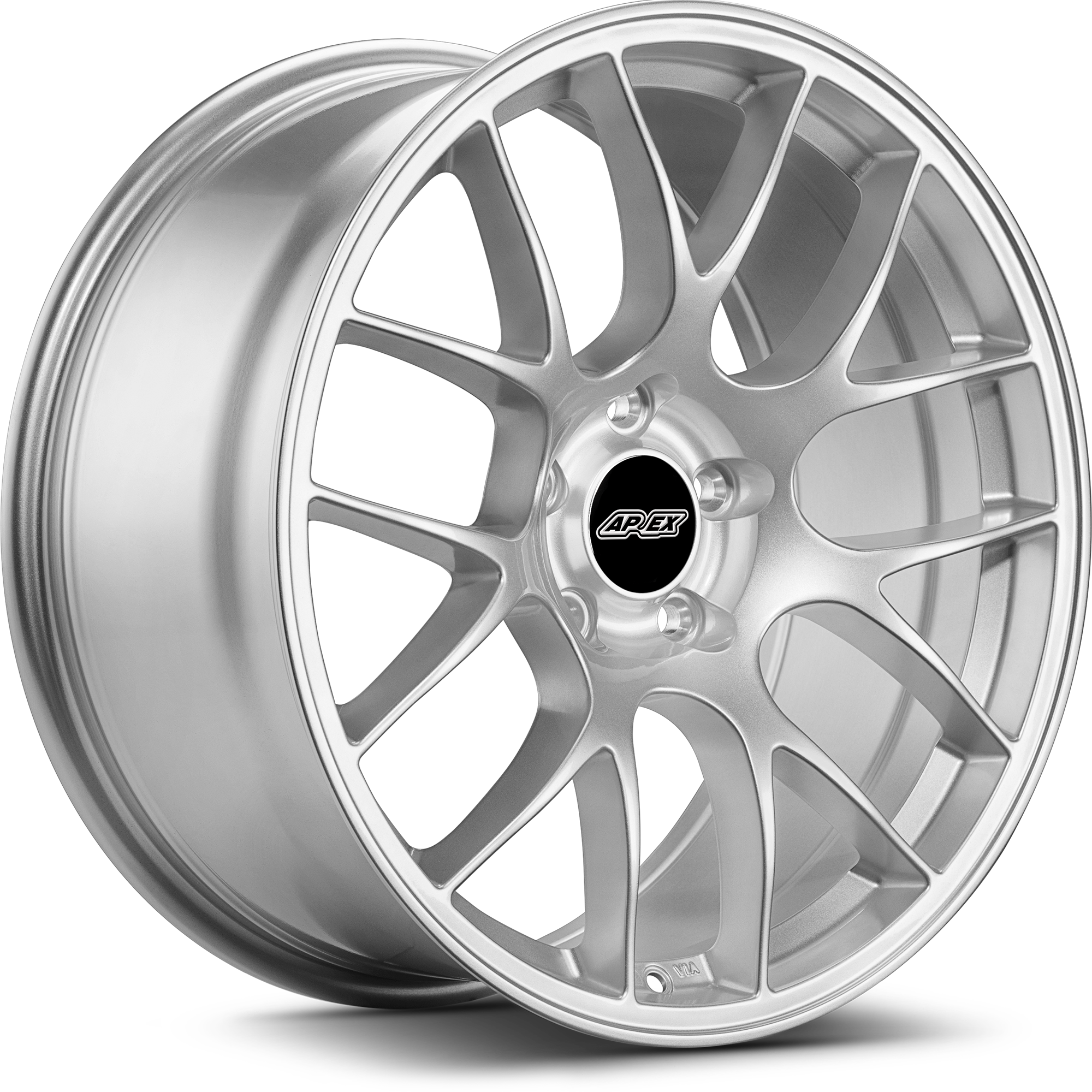 Silver alloy wheel with multi-spoke design, machined finish, and center cap with black circle on white background - APEX Wheels wheel for 19x9 ET30 5x120 - Race Silver