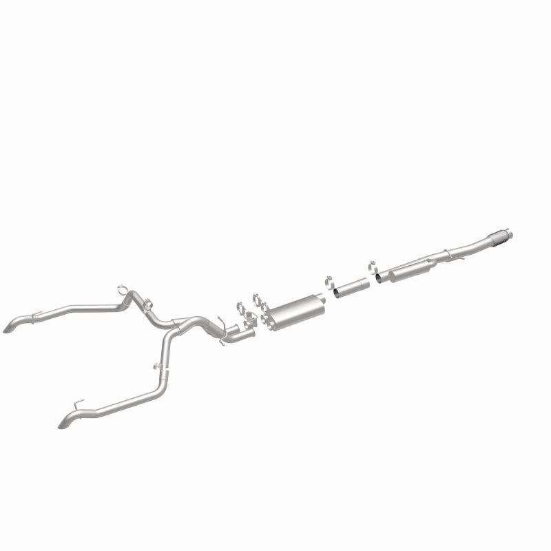 MagnaFlow 19703 overland series cat-back exhaust, front three-quarter view of the turntable spin