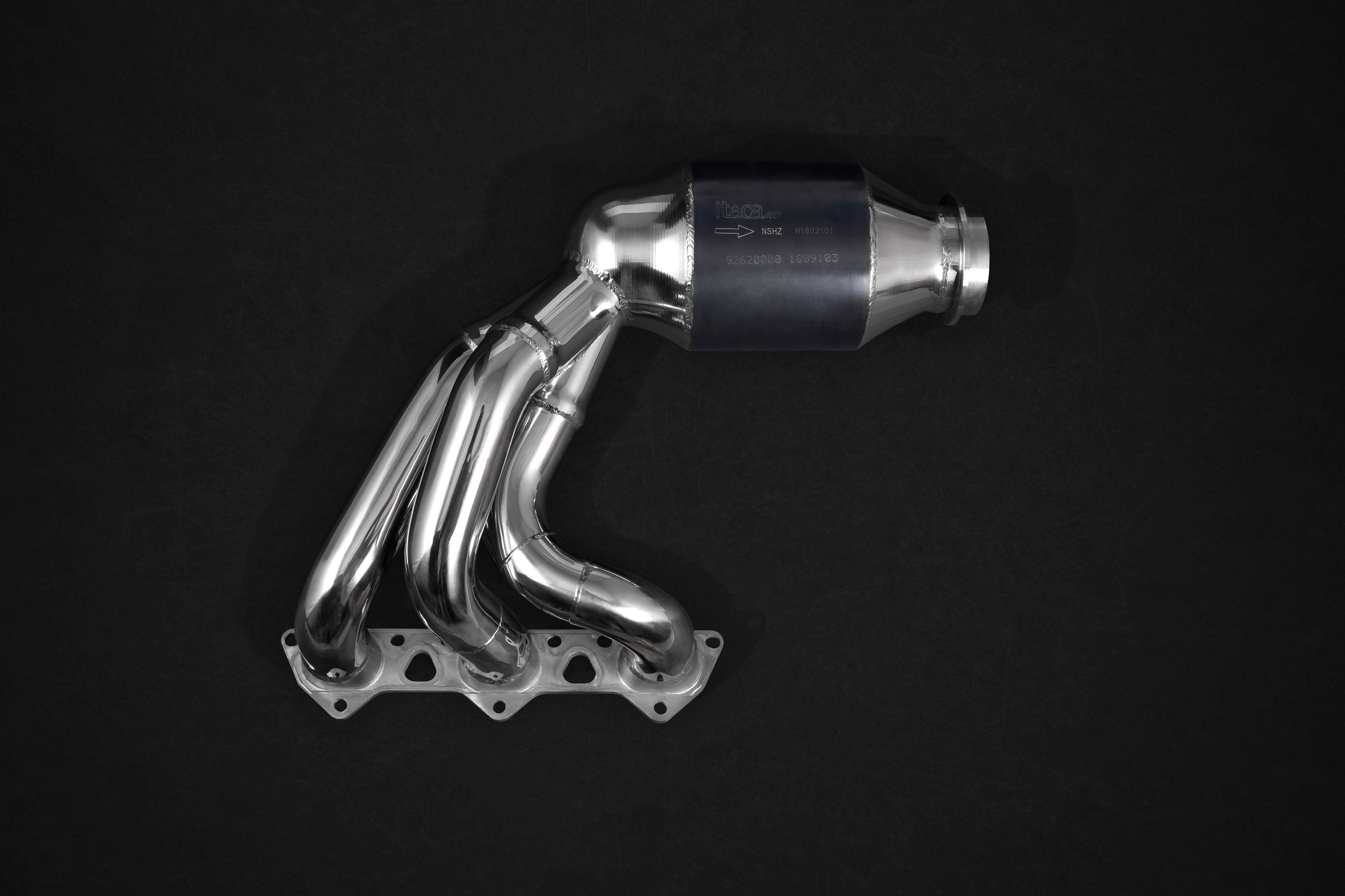 Close-up of Capristo 991.2 GT3 header with sport cat and flanged primaries