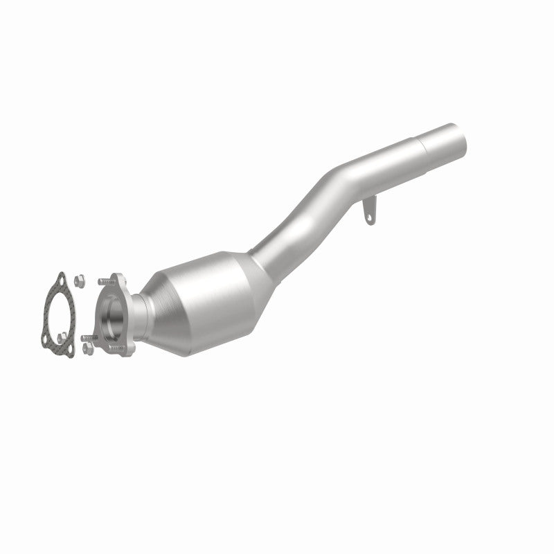 MagnaFlow 5592597 carb direct-fit catalytic converter, front three-quarter view of the turntable spin