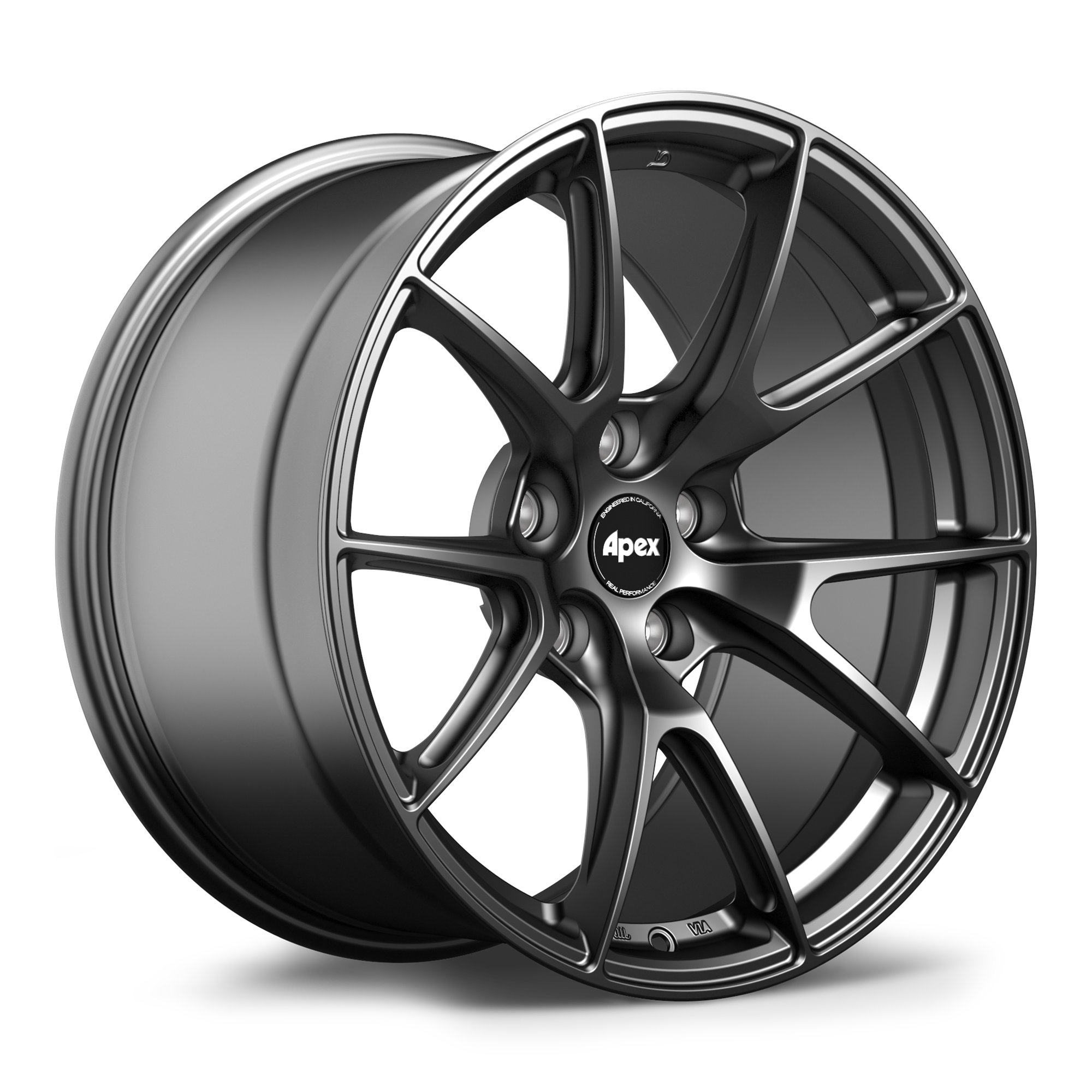 Single gunmetal alloy wheel with ten-spoke design and center cap displaying at three-quarter angle - APEX Wheels wheel for 18x10.5 ET22 5x120 - Satin Black