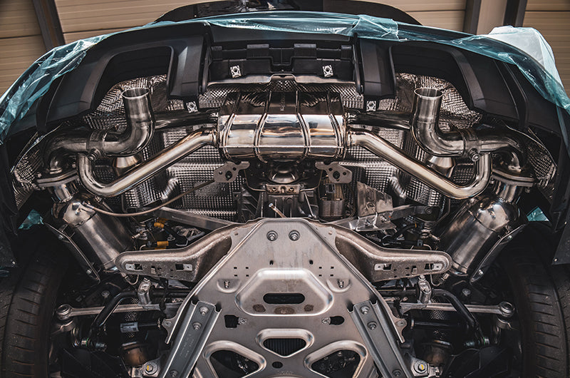 Porsche 718 GT4 RS underside with Capristo muffler installed