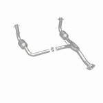 MagnaFlow 5451186 carb direct-fit catalytic converter, rear three-quarter view of the turntable spin
