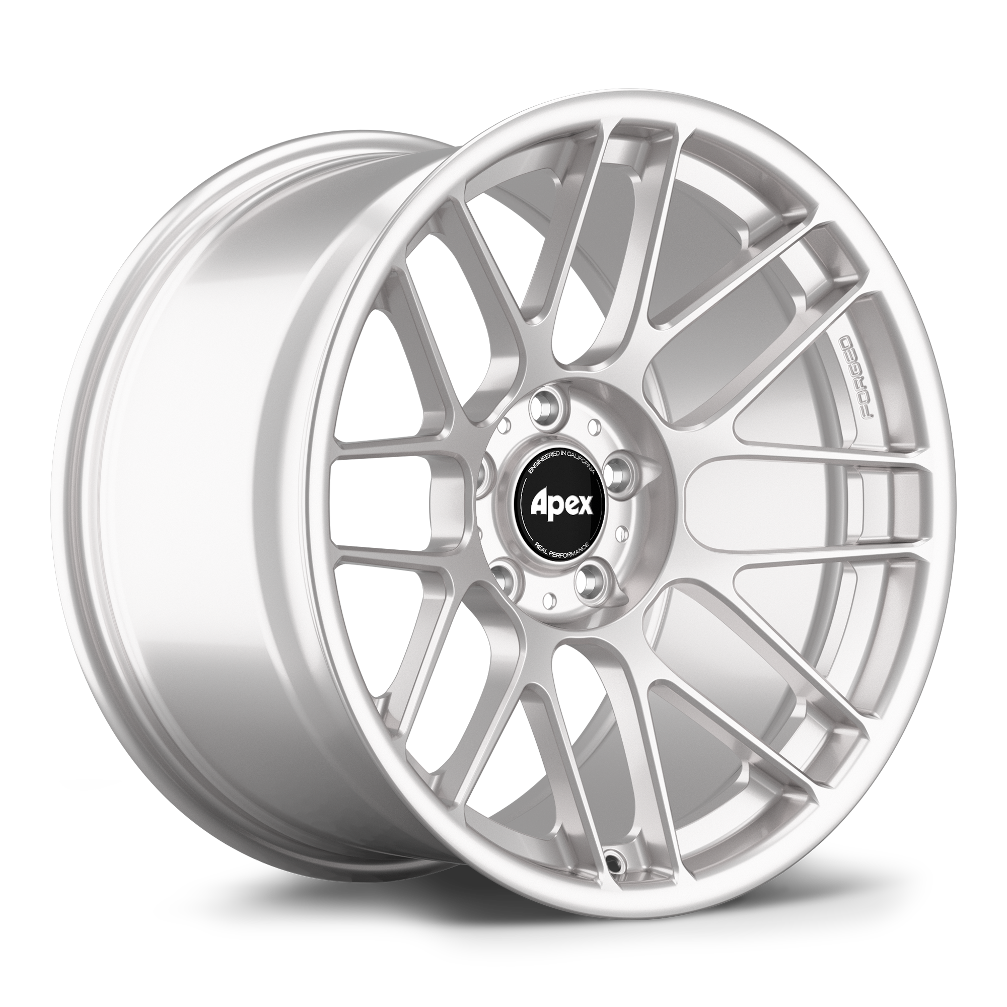 Silver alloy wheel with multi-spoke design and black center cap on clean white background - APEX Wheels wheel for 17x9 ET30 5x120 - Race Silver