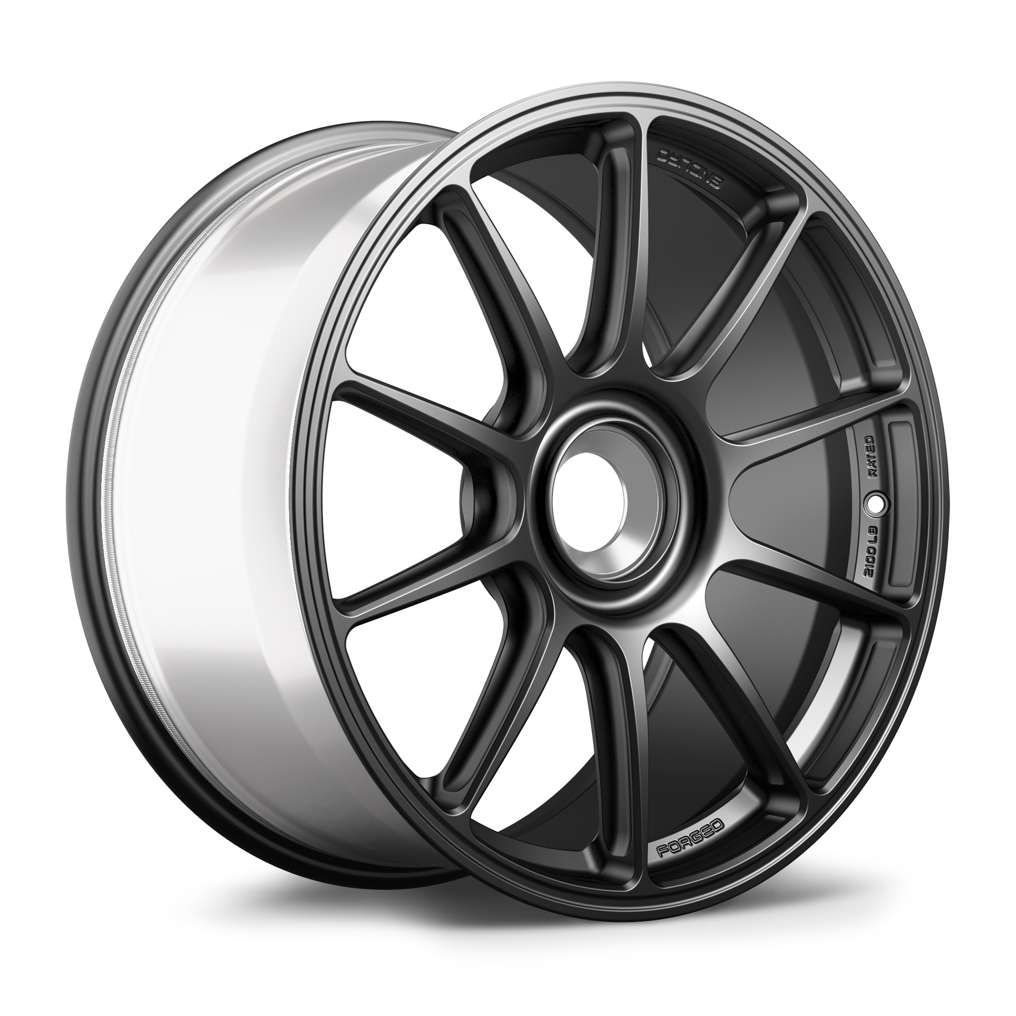 Dark gunmetal forged wheel with multi-spoke design showing face and barrel profile on white background - APEX Wheels wheel for 19x9.5 ET50 PSCL - Satin Black