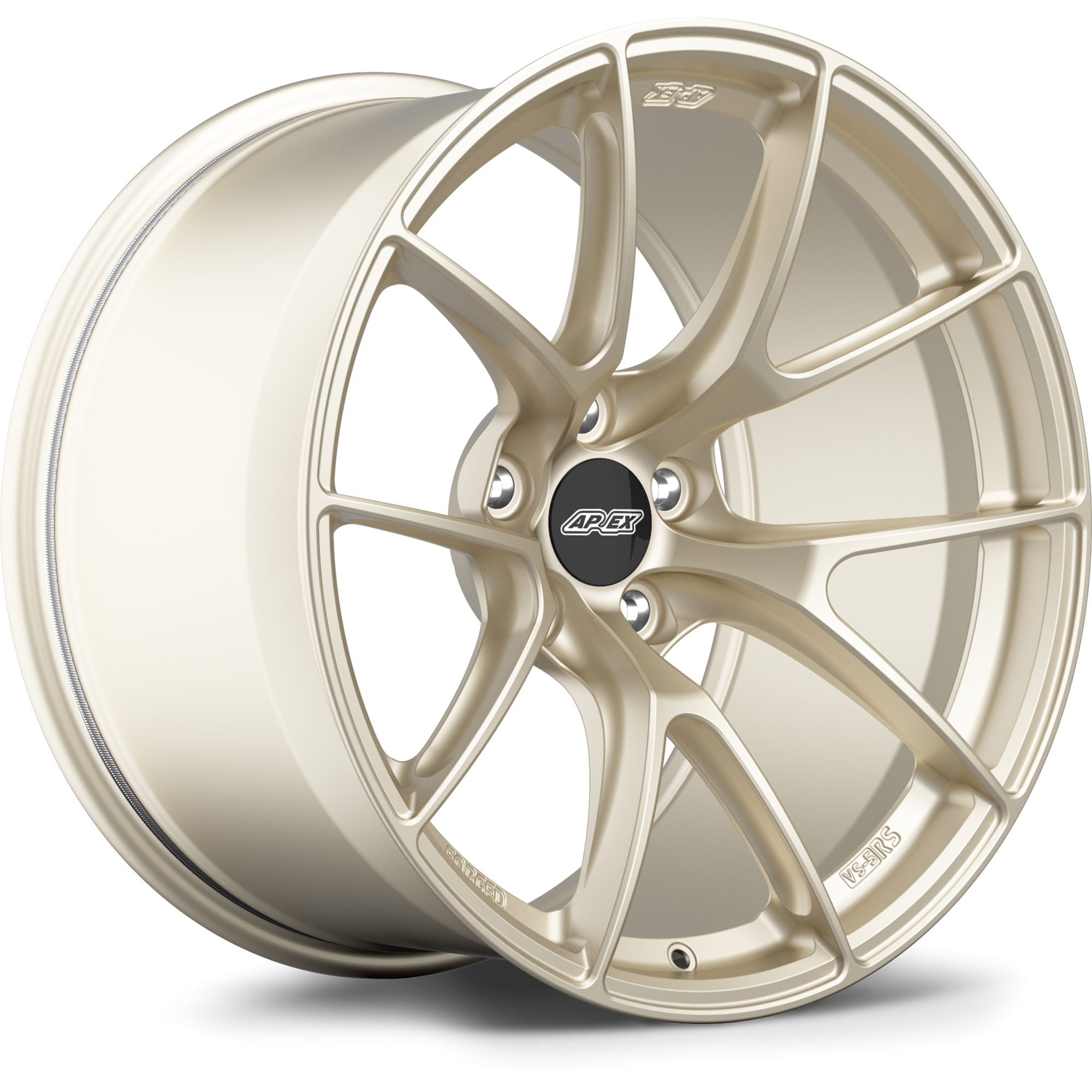 Single alloy wheel with champagne gold finish, multi-spoke design, black center cap with white logo, isolated view - APEX Wheels wheel for 19x10.5 ET18 5x112 - Motorsport Gold