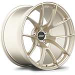Gold finished alloy wheel with ten-spoke design, black center cap, five bolt pattern, positioned at angle showing face and barrel - APEX Wheels wheel for 19x10 ET12 5x112 - Motorsport Gold
