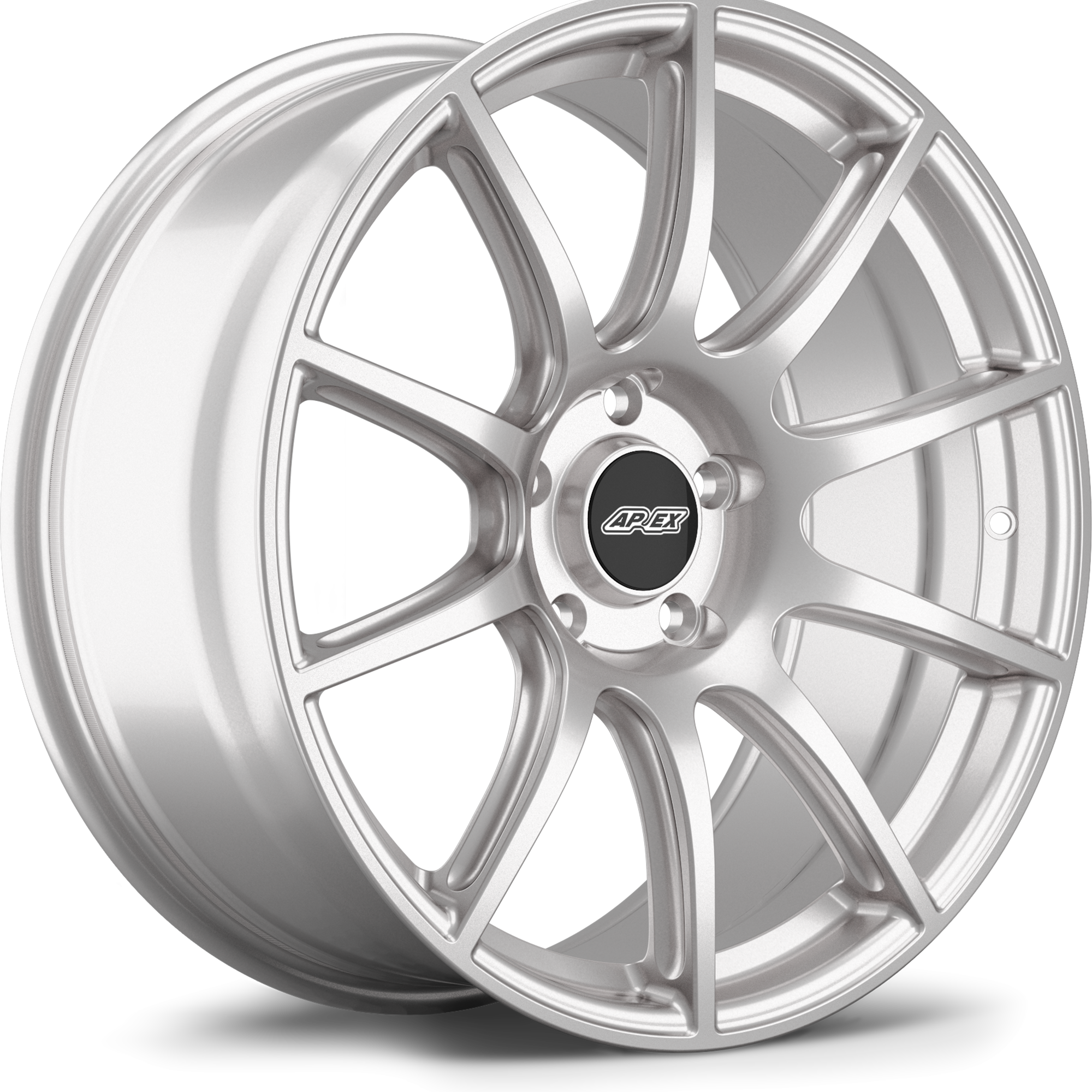 Silver alloy wheel with ten-spoke design and black center cap on white background - APEX Wheels wheel for 19x9.5 ET33 5x120 - Race Silver