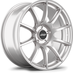 Silver alloy wheel with ten-spoke design and black center cap on white background - APEX Wheels wheel for 19x9.5 ET33 5x120 - Race Silver