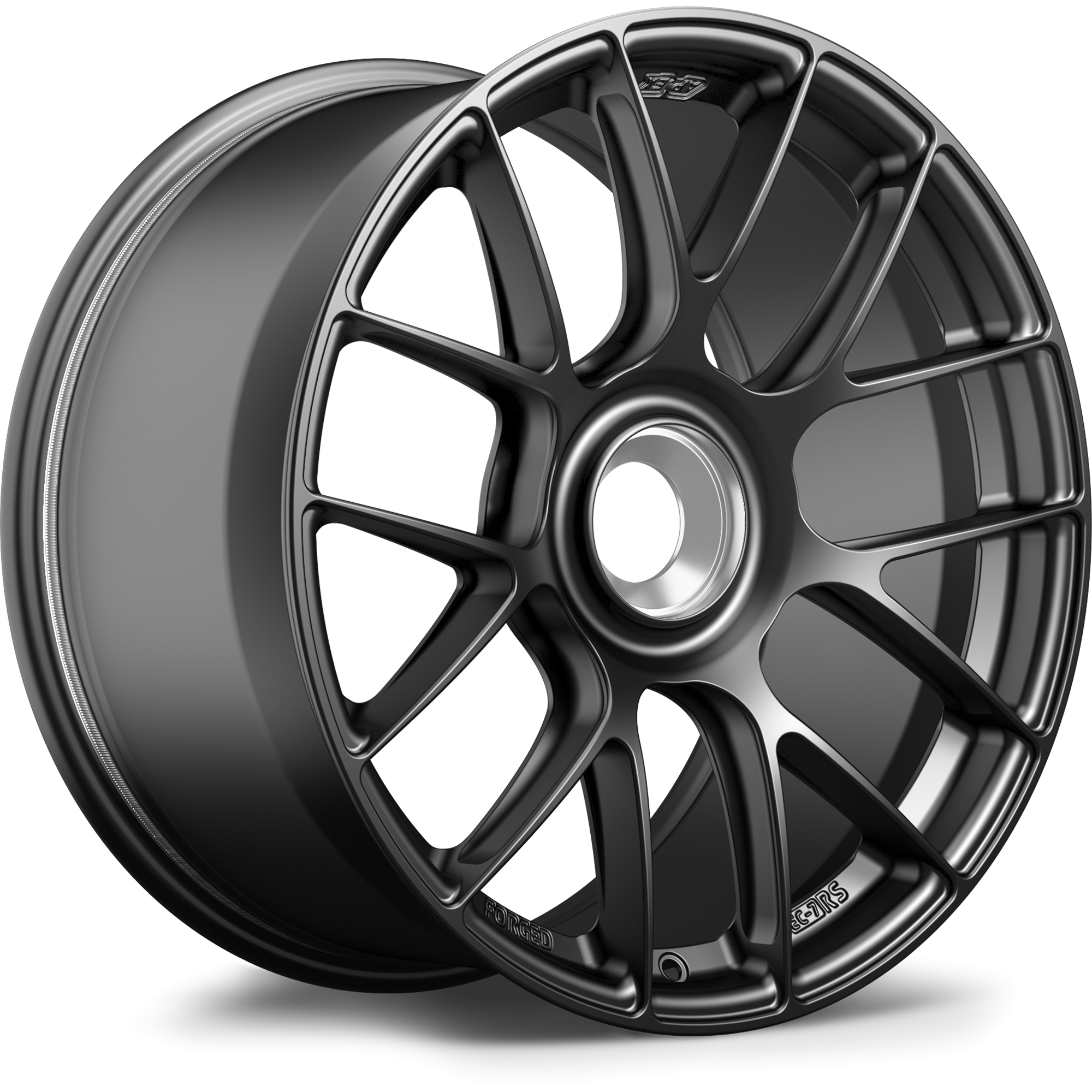 Dark gunmetal finished forged wheel with multi-spoke design and deep concave profile on white background - APEX Wheels wheel for 19x10 ET42 PSCL - Satin Black