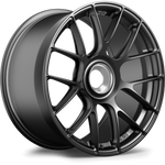 Dark gunmetal forged aluminum wheel with multi-spoke design and curved spokes radiating from center hub - APEX Wheels wheel for 19x11 ET48 PSCL - Satin Black