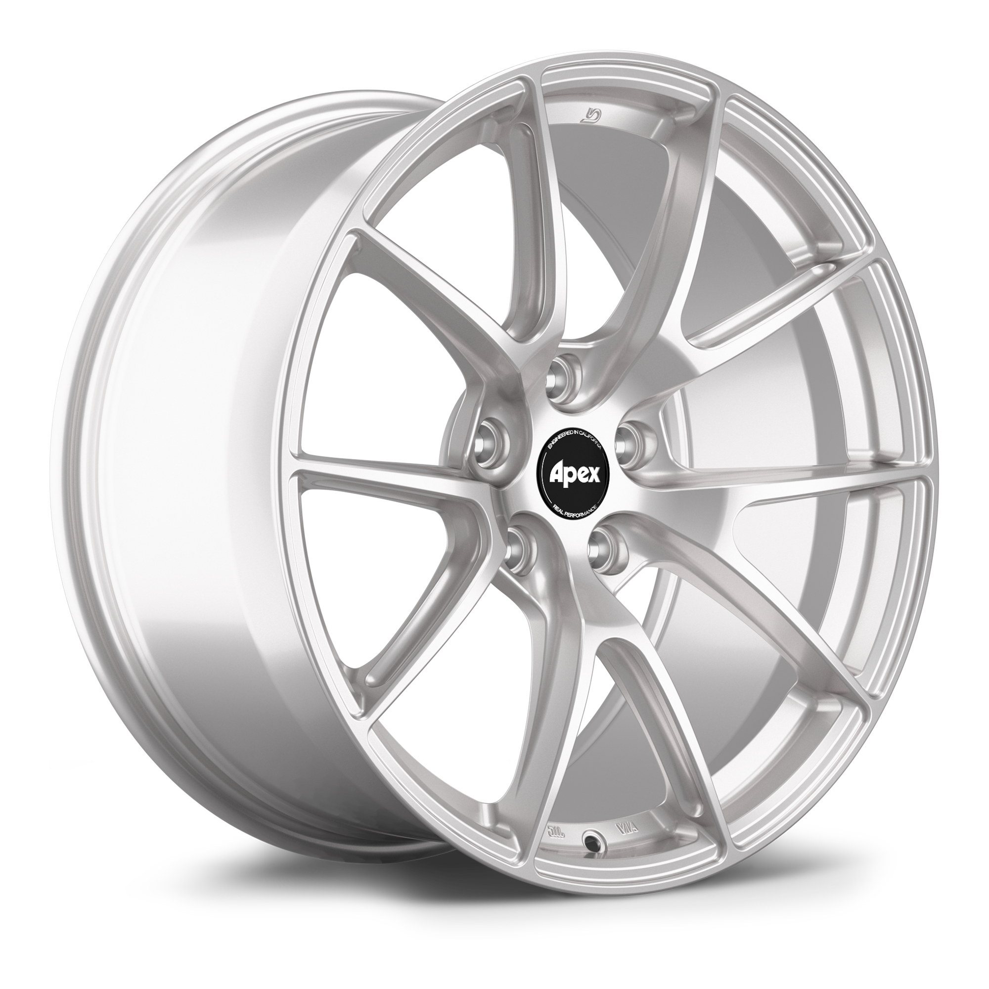 Silver alloy wheel with ten-spoke design and black center cap on white background - APEX Wheels wheel for 19x9.5 ET35 5x120 - Race Silver