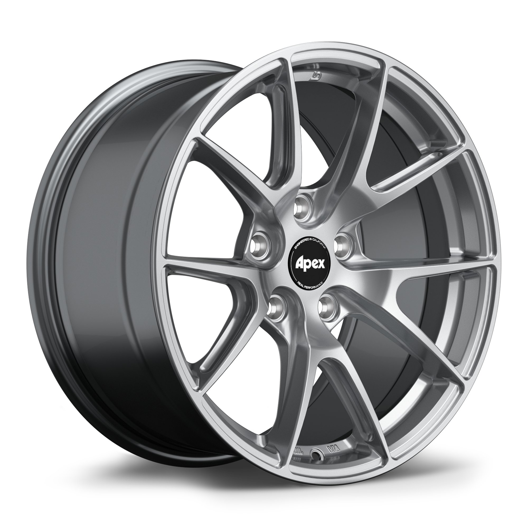 Single silver alloy wheel with ten-spoke design and black center cap isolated on white background - APEX Wheels wheel for 18x9.5 ET40 5x114.3 - Hyper Black