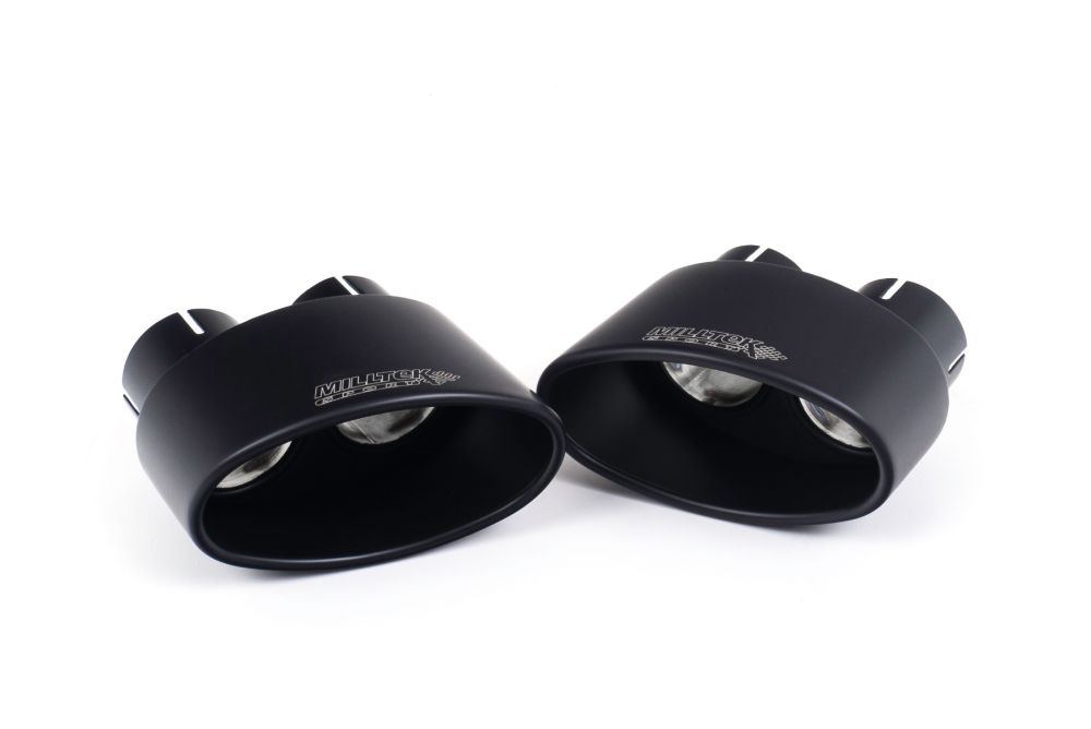 A front view of Milltek Cerakote Black Oval Tips with white background