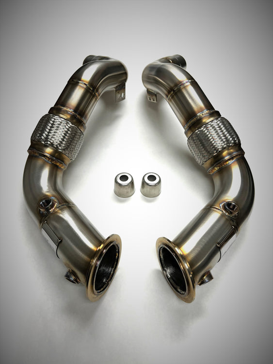 A top view of Evolution Racewerks Competition Series Catless Downpipes for BMW 15'-19' X5M/X6M S63M Engine in Brushed Finish