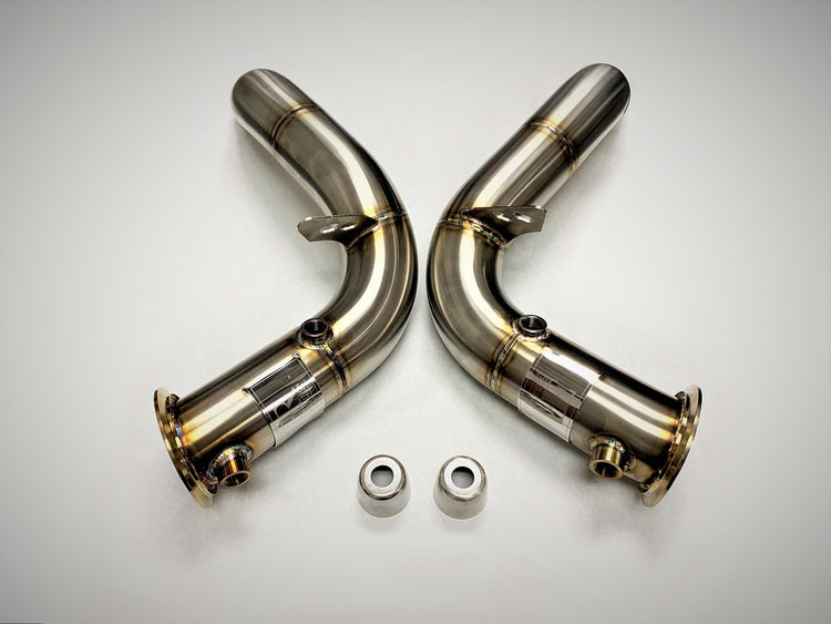 A top view of Evolution Racewerks Competition Series Catless Downpipe BMW M5/M6 S63TU in Blushed FInish