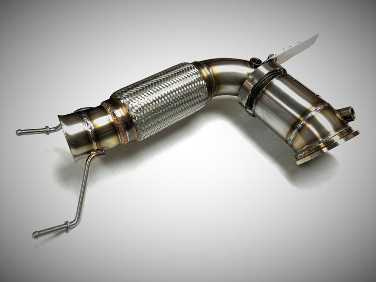 A top view of Evolution Racewerks Sports Series 4" High Flow Catted Downpipe for BMW X1/X2/2 Series Gran Coupe/Mini with B46/B48 Engine in Brushed Finish