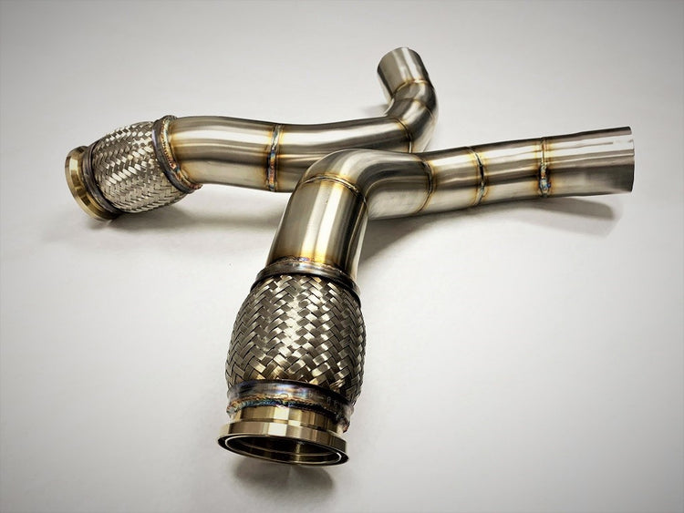 A top view of Evolution Racewerks Competition Series Catless Secondary Downpipe BMW X5M/X6M S63M Engine in Brushed Finish