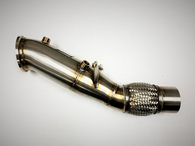 A top view of Evolution Racewerks Competition Series 4" Catless Downpipe for BMW B48 Engine (EU & Asia Spec) in Brushed Finish