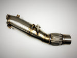 A front view of Evolution Racewerks Competition Series 4" Catless Downpipe for B48 Engine (EU & Asia Spec) for Toyota 2020+ Supra in Brushed Finish