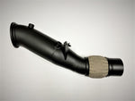 A top view of Evolution Racewerks Competition Series 4" Catless Downpipe for BMW B48 Engine (EU & Asia Spec) in Anodize Black