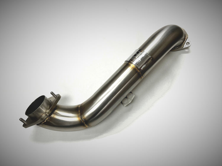 A top view of Evolution Racewerks Crossover Exhaust Pipe for BMW M3/M4 S58 Engine in Brushed Finish