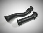 A top view of Evolution Racewerks Competition Series Catless Downpipes BMW G80 M3/ G82 M4 2021 + in Ceramic Thermal Coated Black Finish