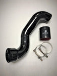 A top view of Evolution Racewerks BMW N55 (3.0T) 535i/640i Lower Intercooler Charge Pipe (LIC) in Type III Hard Anodize Black Finish