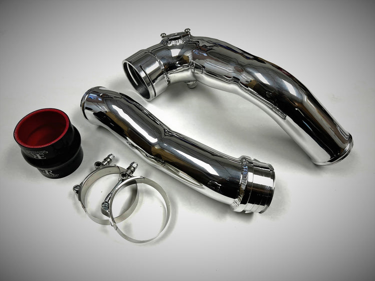 A top view of Evolution Racewerks BMW N20 (2.0T) E84 X1 / E89 Z4 Charge Pipes in Polish Finish