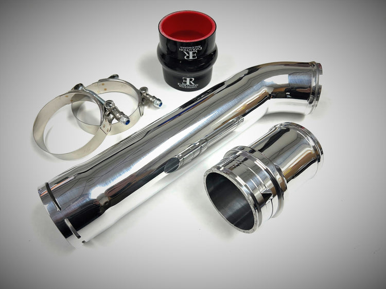 A top view of Evolution Racewerks BMW N20 (2.0T) E84 X1 / E89 Z4 Turbo to Intercooler Charge Pipe (TIC) in Polish Finish