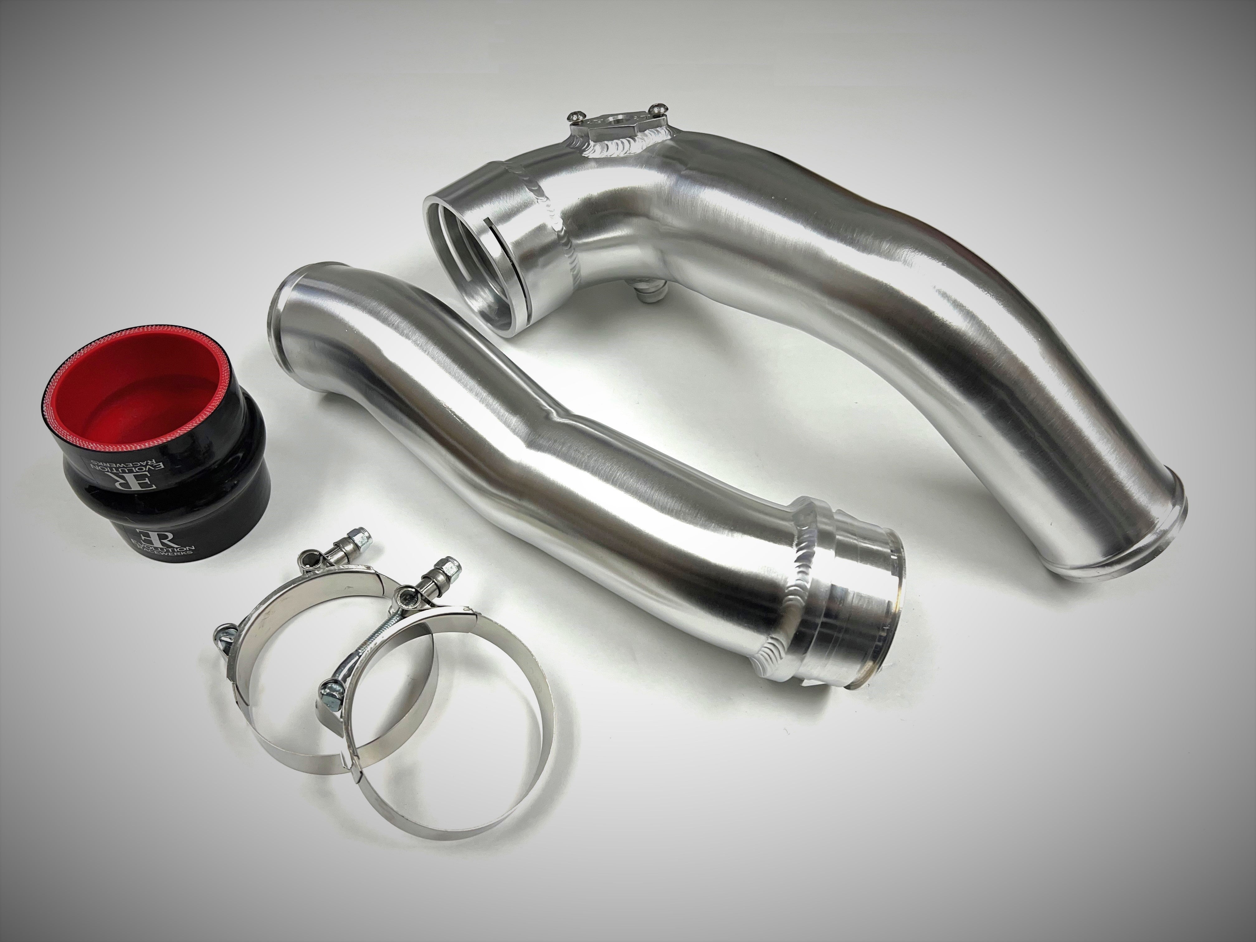 A top view of A top view of Evolution Racewerks BMW N20 (2.0T) E84 X1 / E89 Z4 Charge Pipes in Brushed Finish