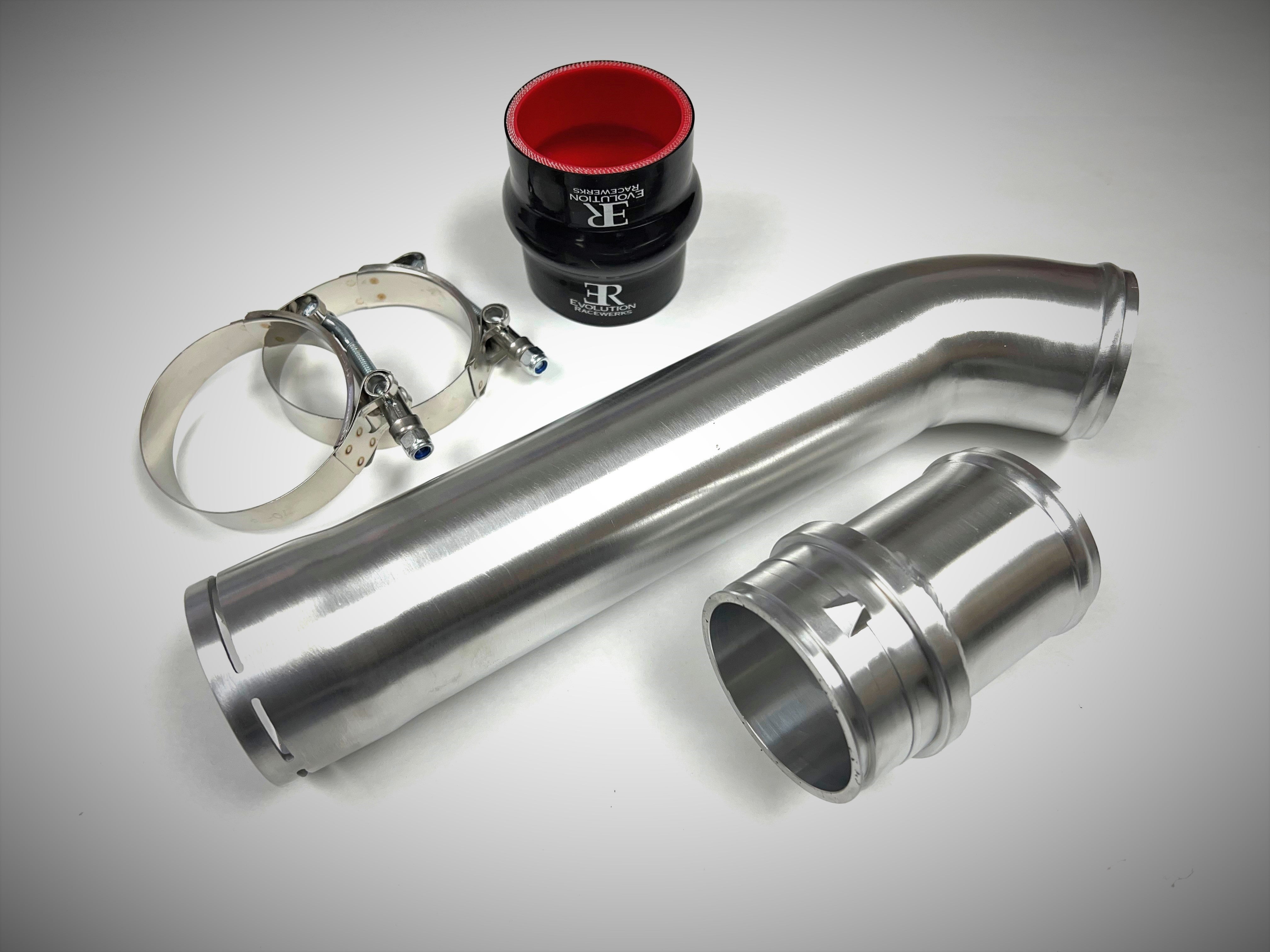A top view of Evolution Racewerks BMW N20 (2.0T) E84 X1 / E89 Z4 Turbo to Intercooler Charge Pipe (TIC) in Brushed Finish