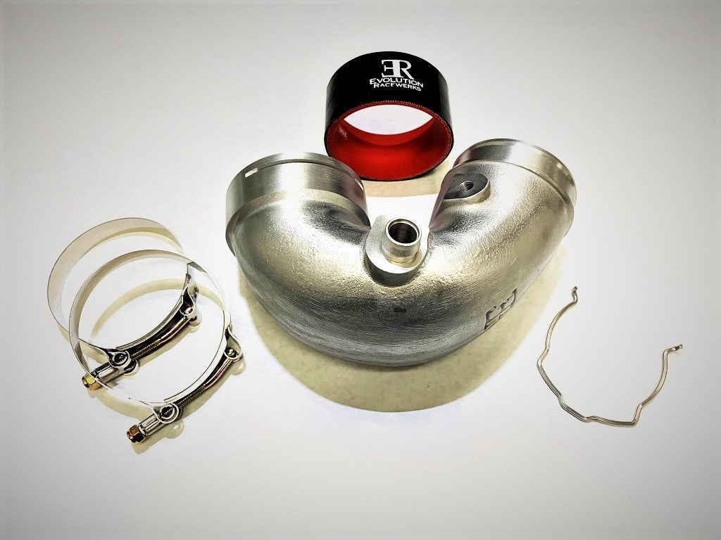 A top view of Evolution Racewerks BMW S55 (3.0TT) F80/F82/F83/F87 Cold Side "J" Charge Pipe in Brushed Finish