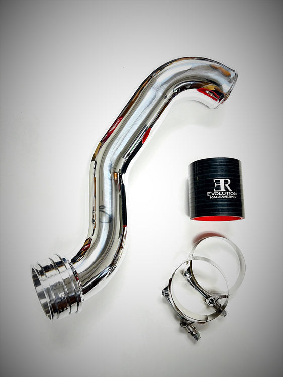A top view of Evolution Racewerks BMW N55 (3.0T) X5/X6 Lower Intercooler Charge Pipe (LIC) in Polished Finish